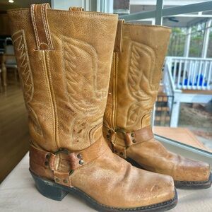 Frye Vintage Embroidered Coral Eagle Western Harness Boots Golden Tan Orange